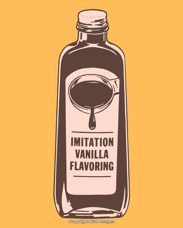 Vintage Illustration of Imitation Vanilla Extract Bottle on Yellow Background