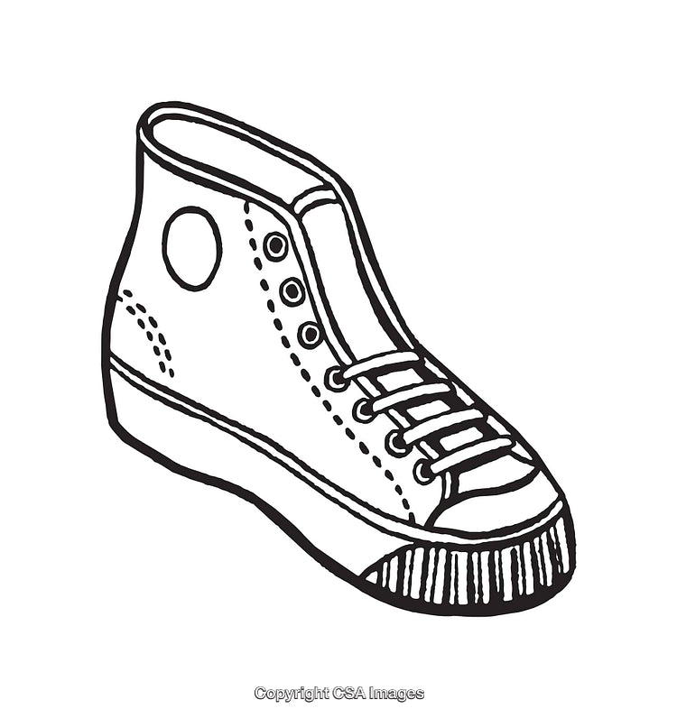 Black and White Line Art Illustration of a High-Top Sneaker Shoe