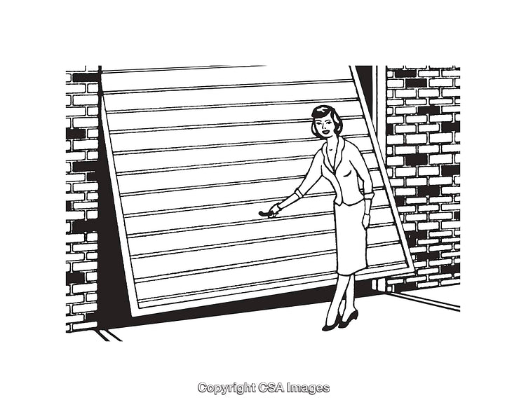 Black and White Line Art Illustrating Woman Lifting a Garage Door