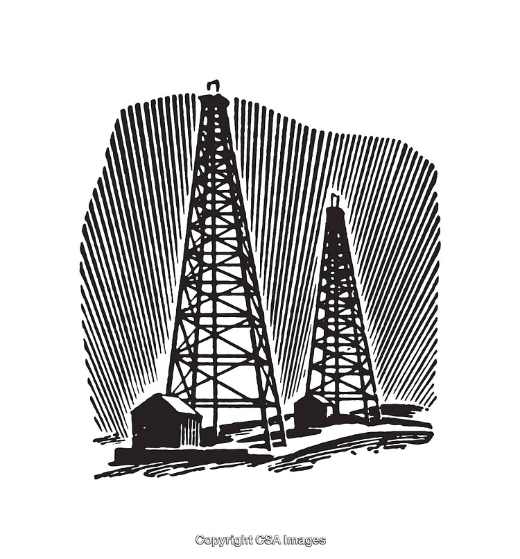 Vintage Line Art Illustration of Oil Derricks in Black and White