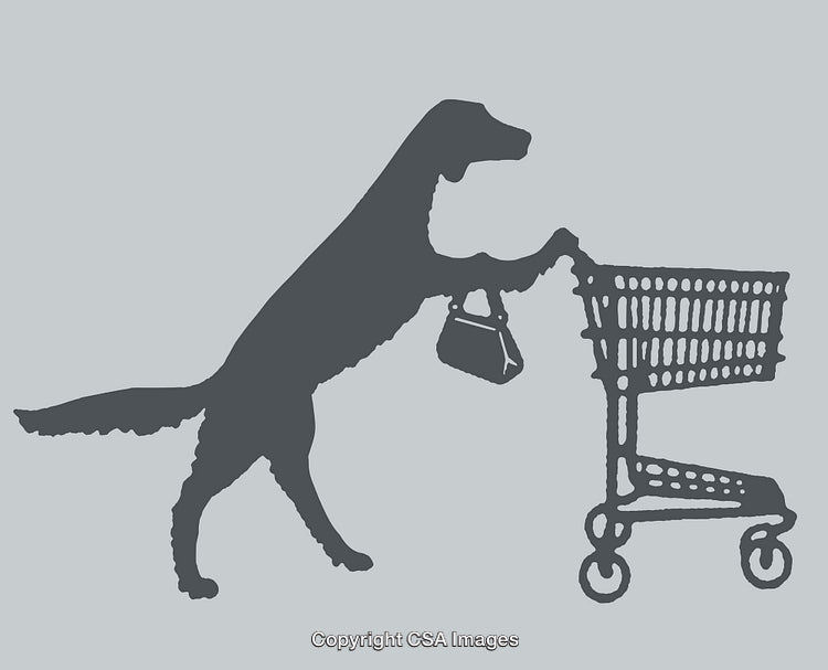 Silhouette Art of a Dog Pushing a Shopping Cart and Holding a Bag