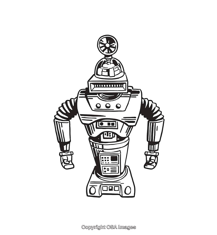 Vintage Robot Illustration In Black And White Line Art Style