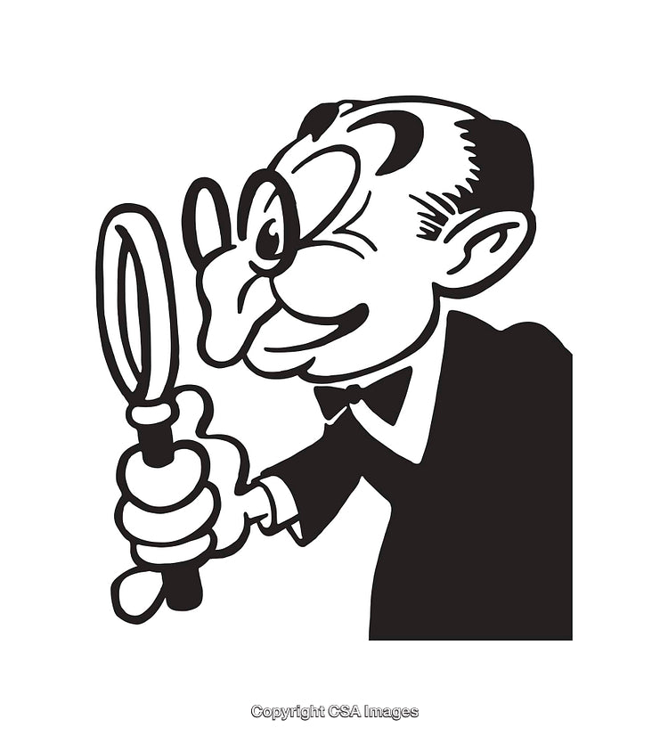 Black and White Line Art of a Man Inspecting with a Magnifying Glass