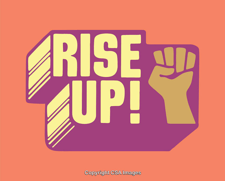 Empowering Illustration with Bold Text and Raised Fist on Bright Background