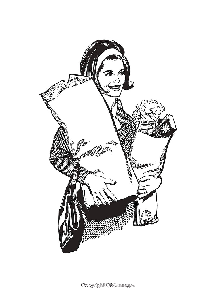 Vintage Illustration of Woman Holding Groceries in Black and White Style