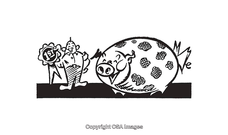 Black and White Line Art Illustration of Prize-Winning Pig and Farmer