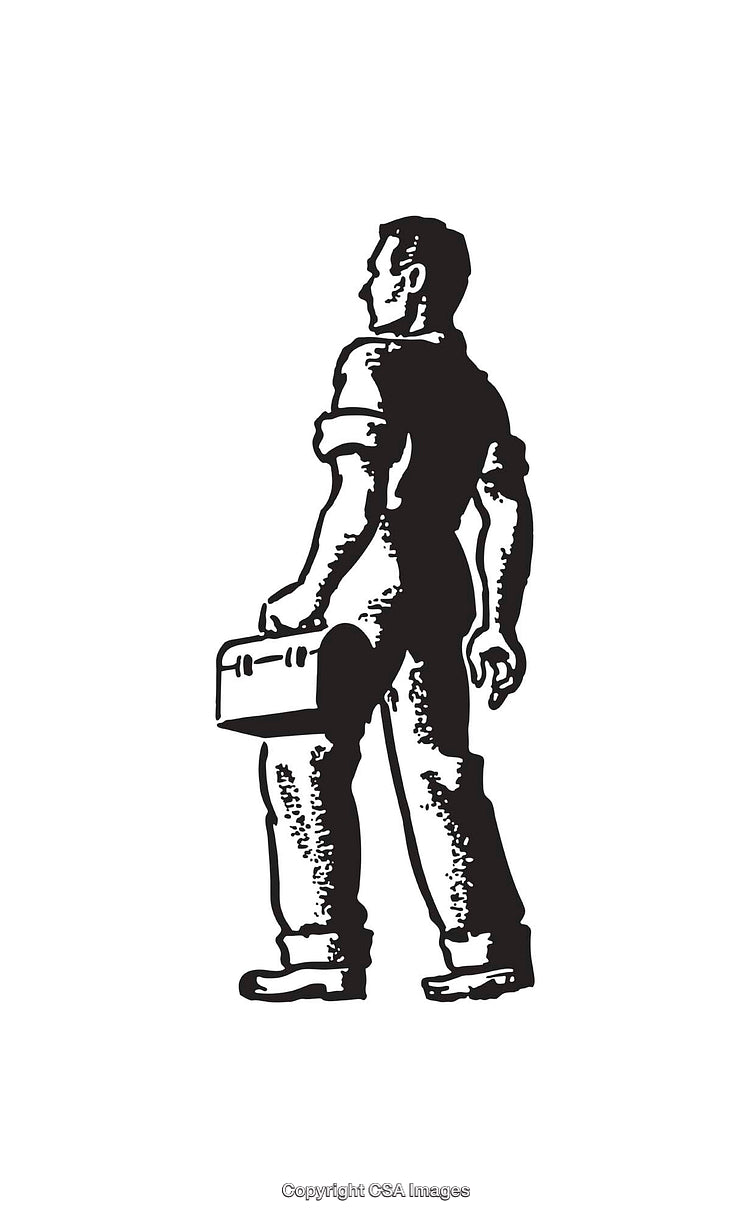 Retro Style Black and White Worker Illustration Holding Toolbox