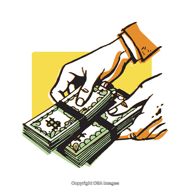 Vibrant Illustration of Hands Exchanging Stacks of Paper Money
