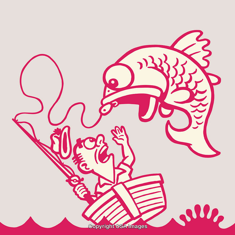 Quirky Cartoon Illustration of a Man Fishing a Giant Fish at Sea