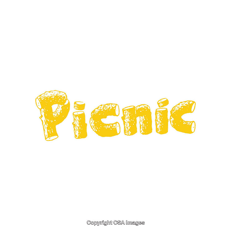 Bright Yellow Text of the Word Picnic in a Fun Artistic Style