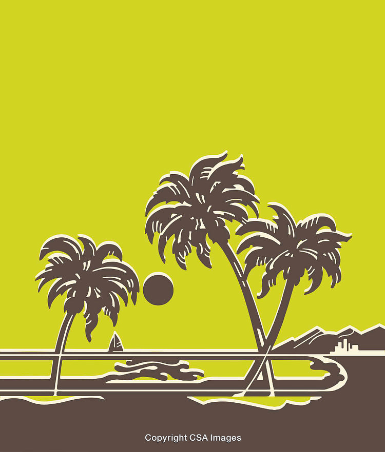 Vector Illustration of Tropical Palm Trees and Sunset Beach Scene