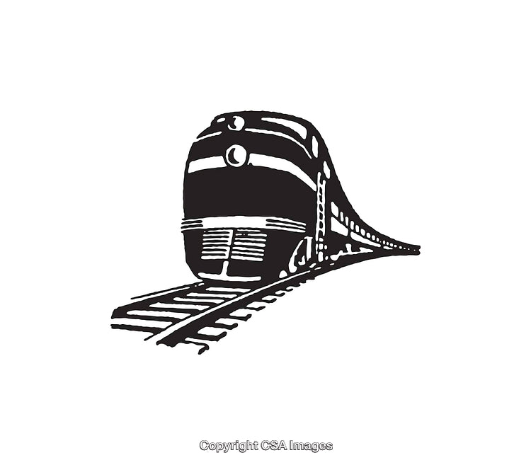 Vintage Black and White Illustration of a Train on Tracks