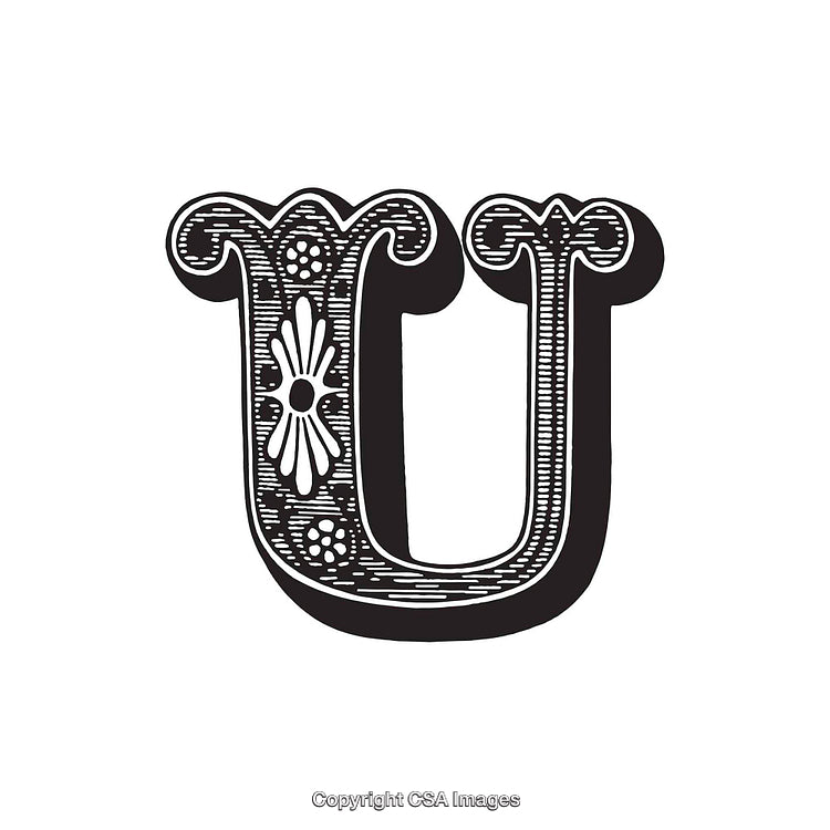 Ornate Vintage Letter U with Decorative Patterns and Floral Motifs