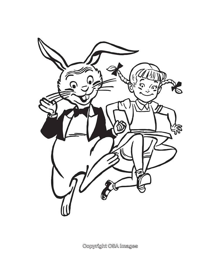 Charming Line Art of Bunny and Girl Holding Hands