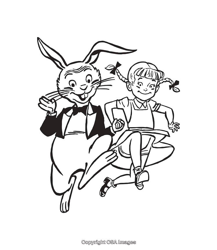 Charming Line Art of Bunny and Girl Holding Hands