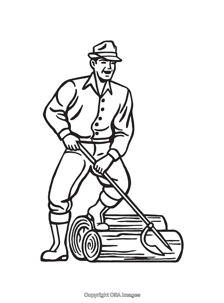 Vintage Black and White Illustration of a Lumberjack Working with Logs