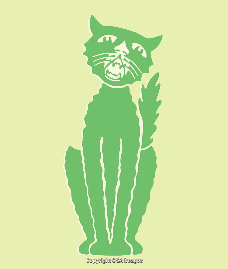 Green Line Art Illustration of a Hissing Cat on Lime Background