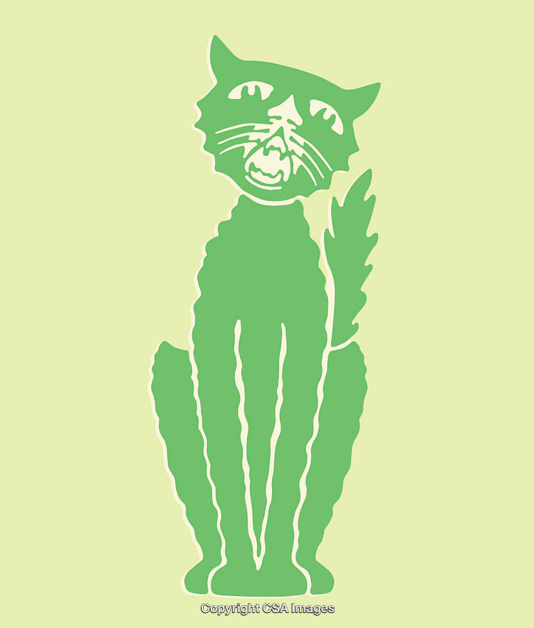 Green Line Art Illustration of a Hissing Cat on Lime Background