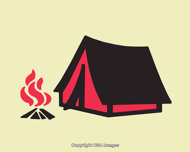 Illustration of a Tent with Campfire on a Minimal Design Background