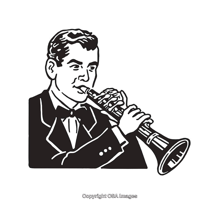 Vintage Black And White Illustration of a Musician Playing a Clarinet