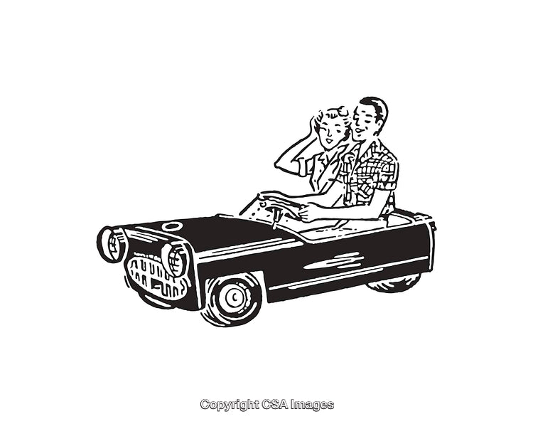 Vintage Line Art of a Couple Driving a Classic Car