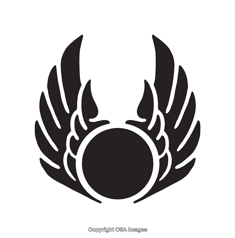 Black and White Winged Circle Icon in Silhouette Style