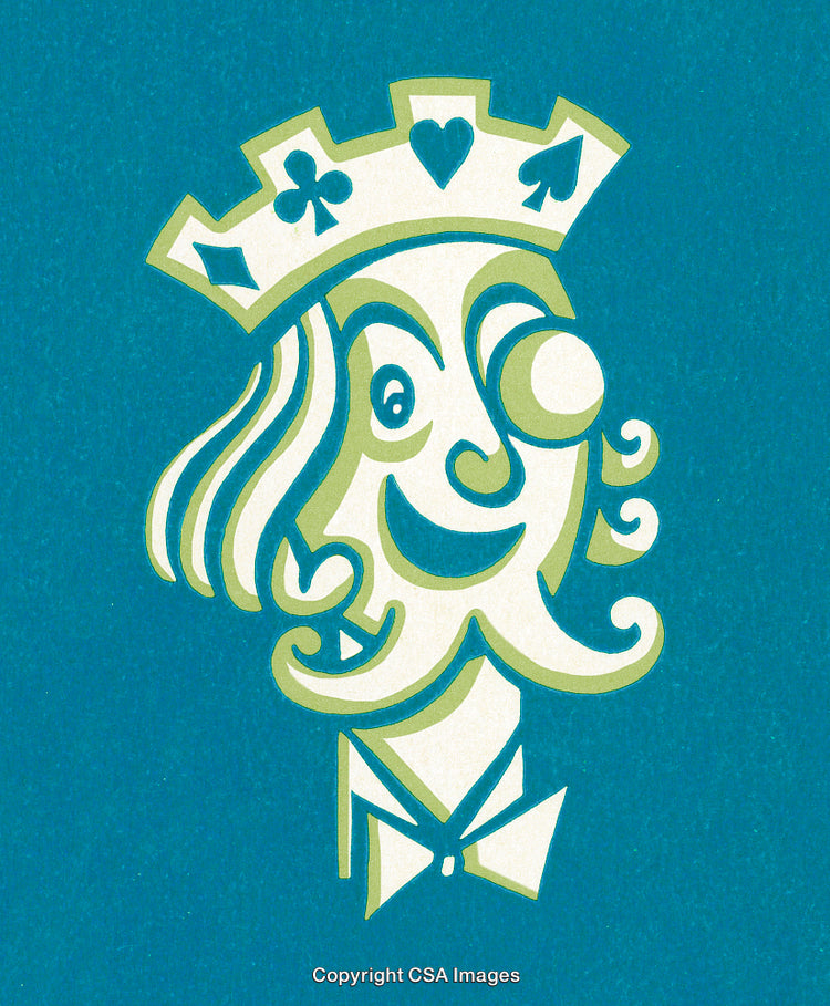 Whimsical King Graphic Design Featuring Playing Card Symbols in Bold Colors