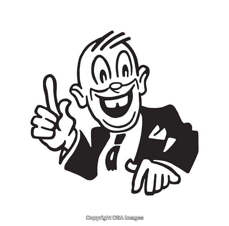 Vintage Black-And-White Cartoon Businessman Icon Making Pointing Gesture