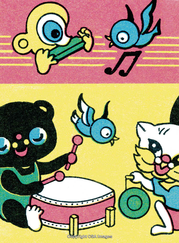 Vintage Cartoon Animals Playing Musical Instruments With Cheerful Birds