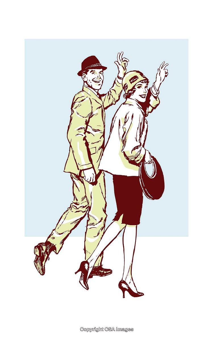 Retro Style Illustration of a Happy Couple Waving and Greeting
