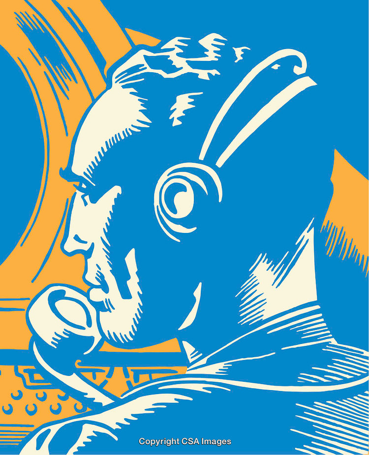 Colorful Illustration of Man Talking on Vintage Telephone Device