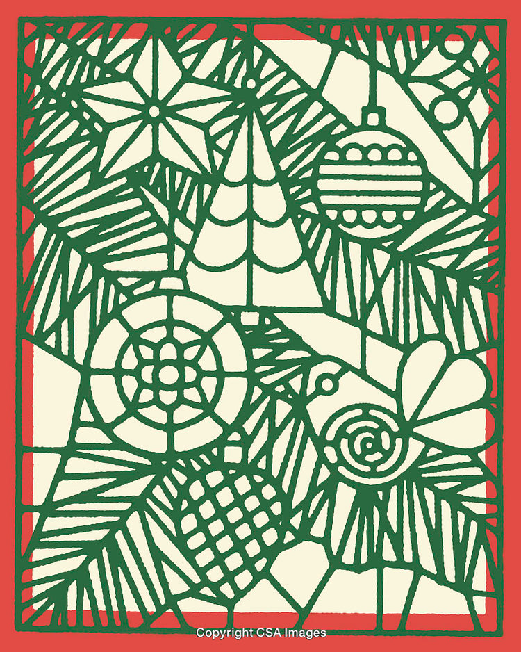 Colorful Christmas Line Art Featuring Decorations and Festive Symbols in Green and Red