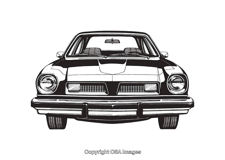 Front View of a Classic Car in Black and White Line Art