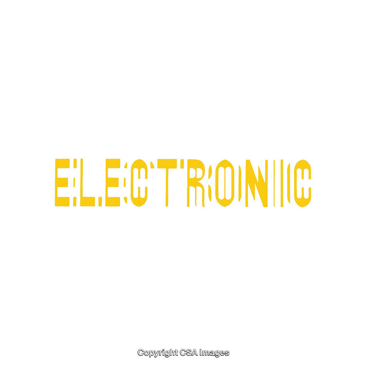 Bright Yellow Stenciled Electronic Text Design on a Clean White Background