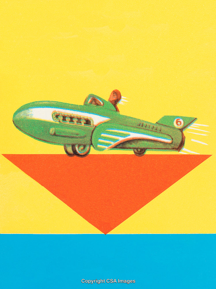 Retro Illustration of a Green Flying Car With Vibrant Background Elements