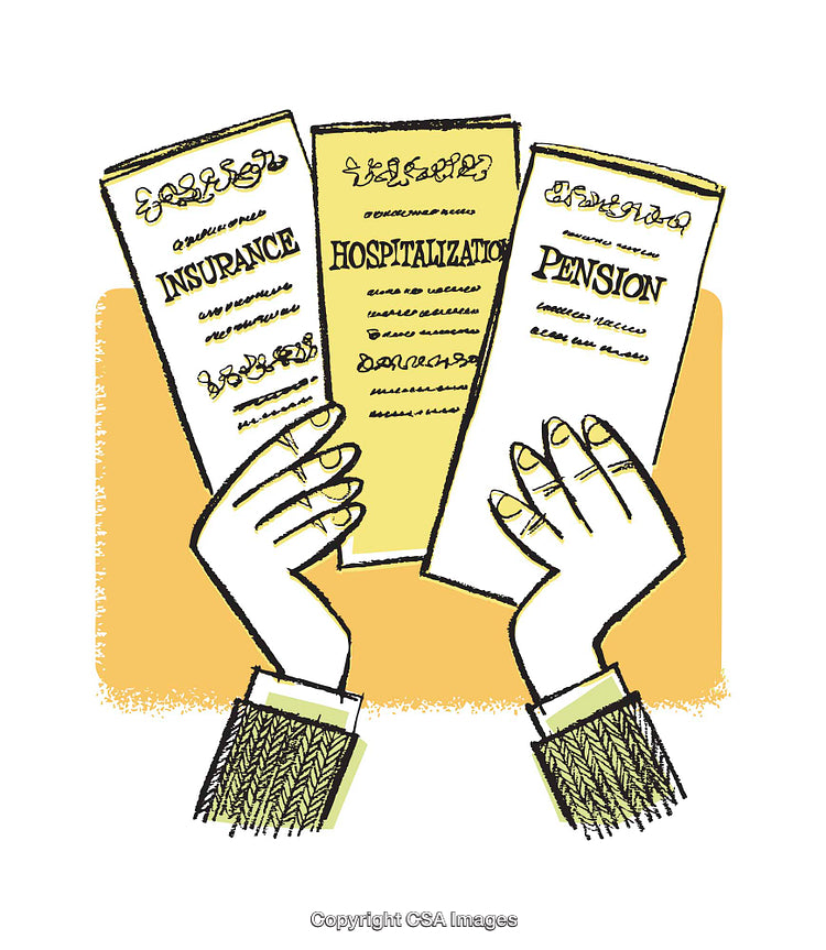 Illustration of Insurance, Hospitalization, and Pension Documents in Hands