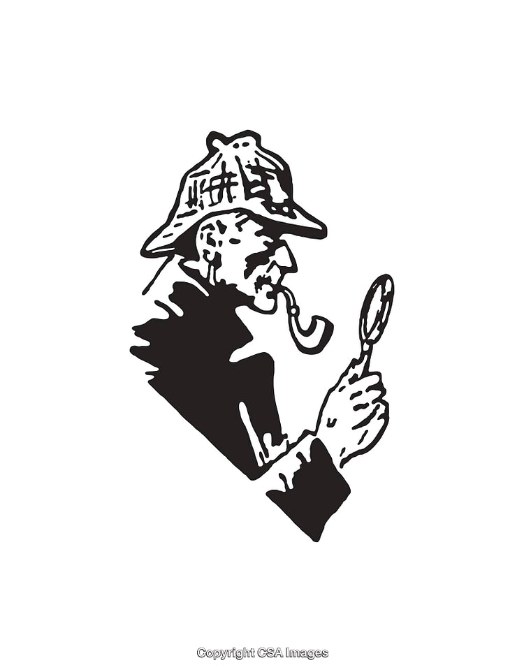 Black Ink Illustration of a Detective Holding a Magnifying Glass
