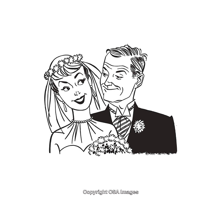 Vintage Black and White Wedding Day Couple Line Art Illustration