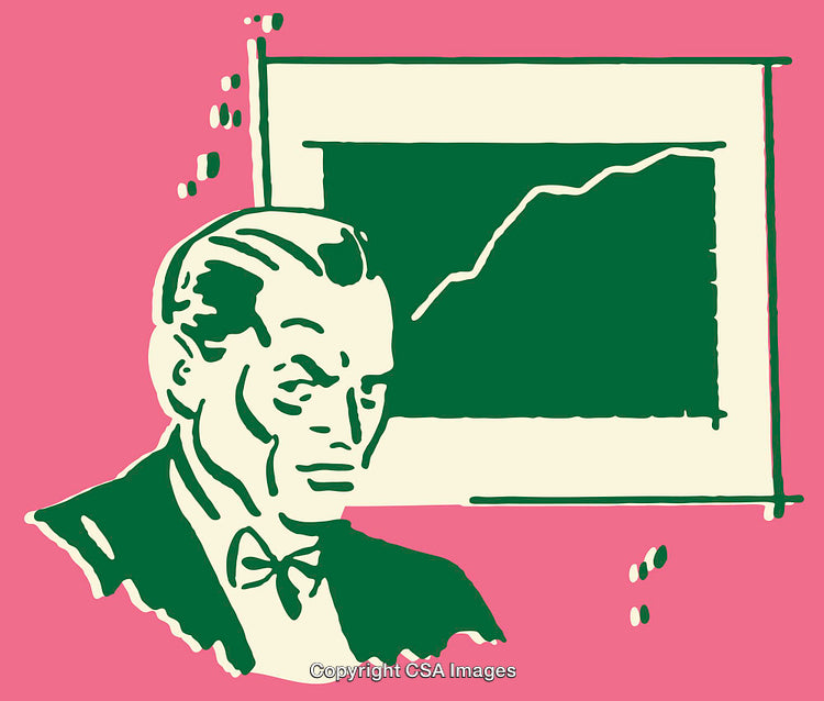 Retro Style Line Art Showing Businessman and Chart on a Vibrant Background
