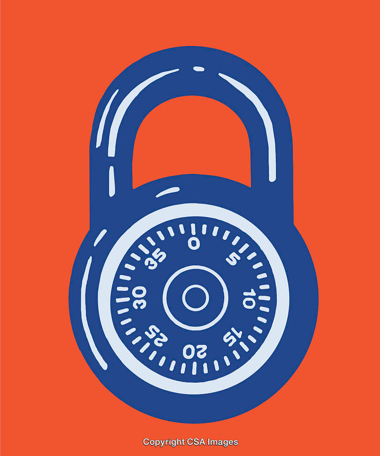 Blue Combination Lock Illustration with Orange Background in Modern Minimalist Style