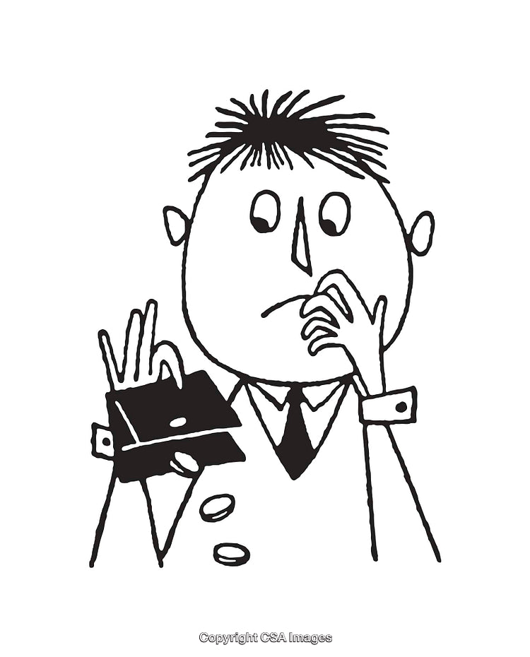 Black and White Line Art of Man Contemplating Wallet and Coins