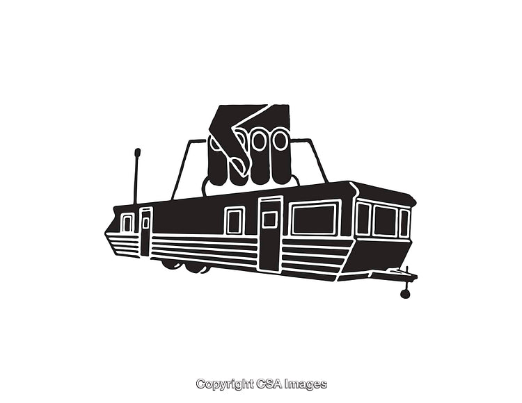 Black and White Line Art of a Mobile Home Being Carried by a Hand