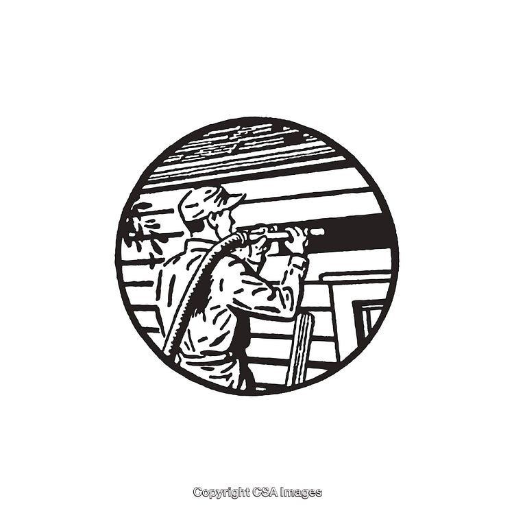 Black and White Line Art of Worker Repairing House with Equipment