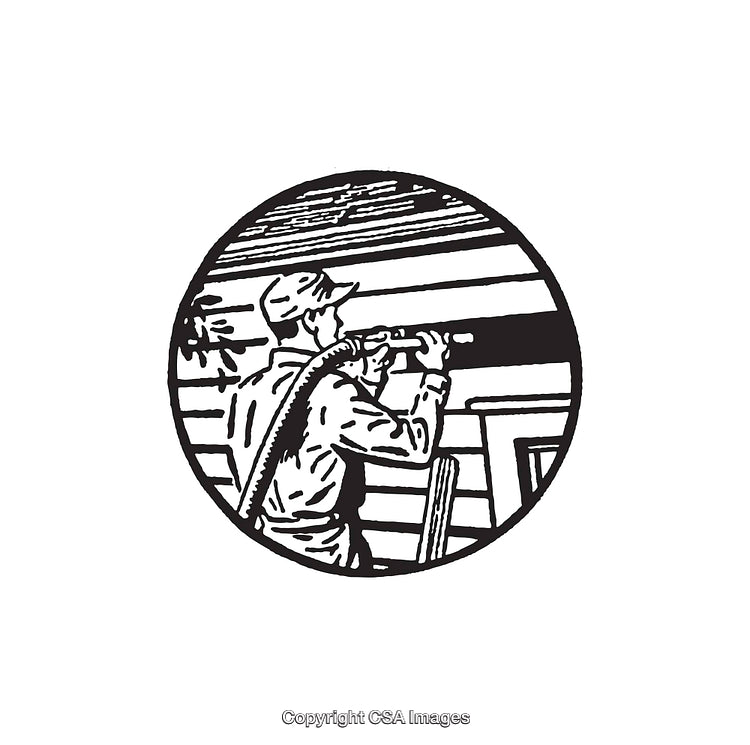 Black and White Line Art of Worker Repairing House with Equipment