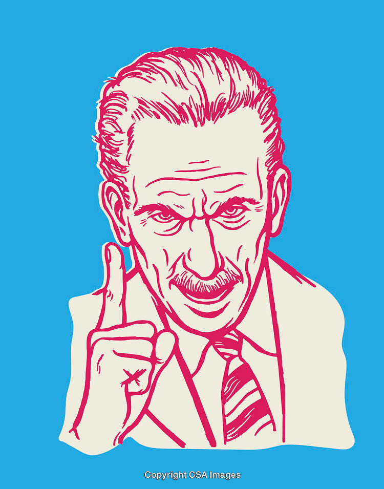 Retro Style Illustration of Serious Male Figure with Hand Gesture