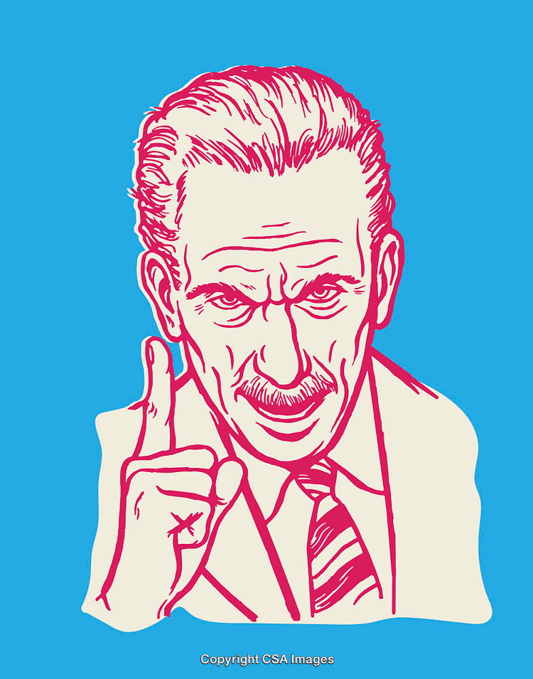 Retro Style Illustration of Serious Male Figure with Hand Gesture