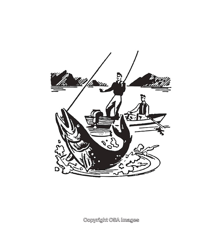 Vintage Black and White Illustration of Anglers Catching a Large Fish