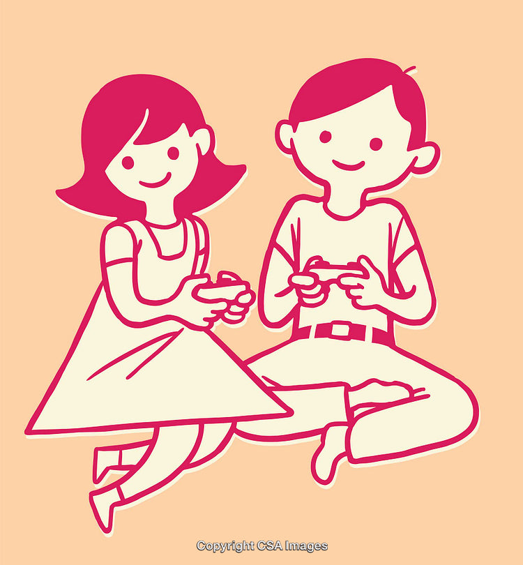Children Playing Video Games Together in a Minimalist Line Art Illustration