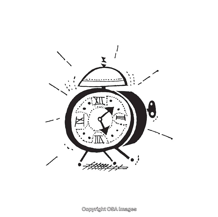 Illustrated Vintage Alarm Clock in Black and White Line Art Style