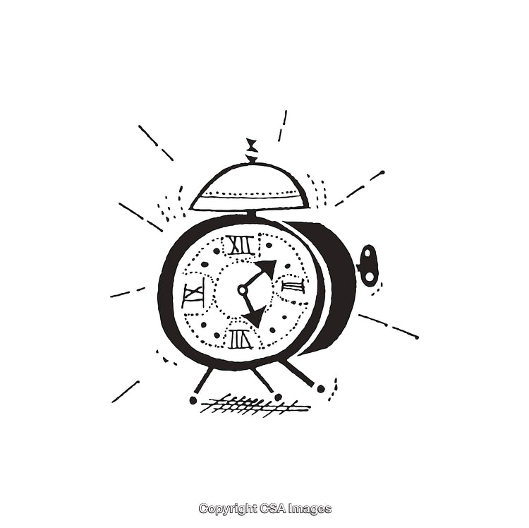 Illustrated Vintage Alarm Clock in Black and White Line Art Style
